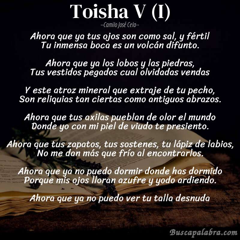 Poema Toisha V (I) de Camilo José Cela con fondo de libro