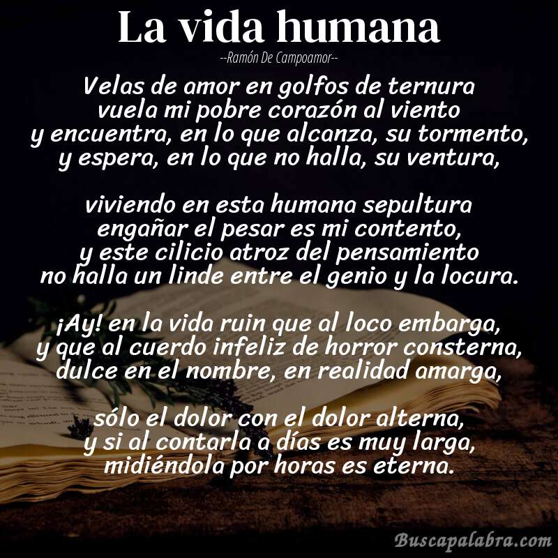Poema La vida humana de Ramón de Campoamor con fondo de libro