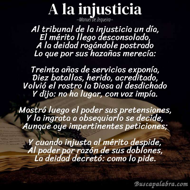 Poema A la injusticia de Manuel de Zequeira con fondo de libro