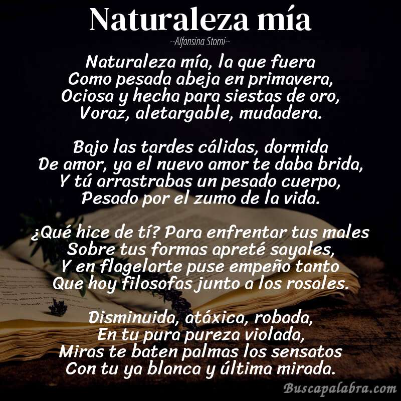 Poema Naturaleza mía de Alfonsina Storni con fondo de libro
