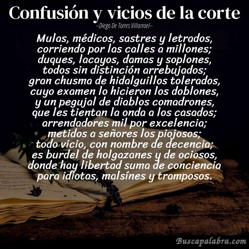Poema confusión y vicios de la corte de Diego de Torres Villarroel con fondo de libro
