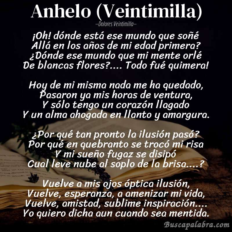 Poema Anhelo (Veintimilla) de Dolores Veintimilla con fondo de libro