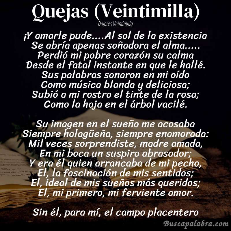 Poema Quejas (Veintimilla) de Dolores Veintimilla con fondo de libro