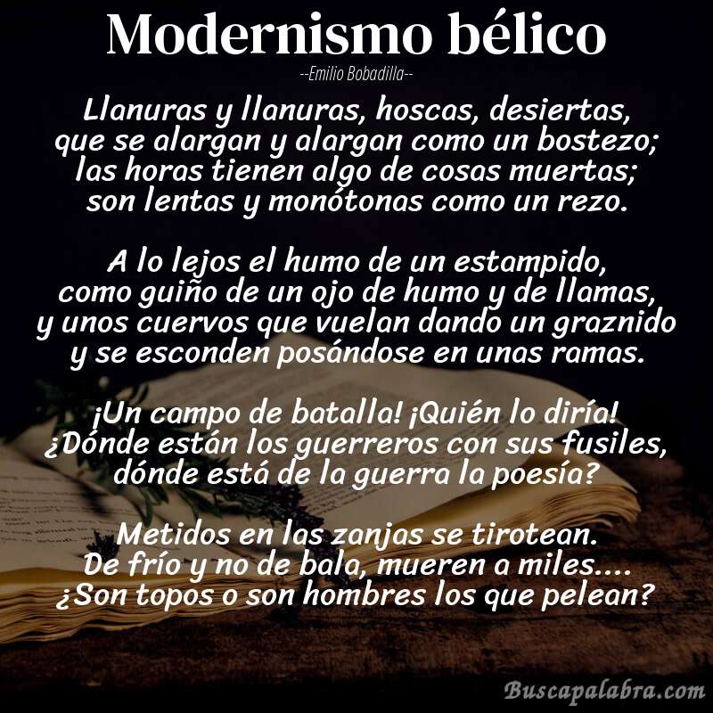 Poema Modernismo bélico de Emilio Bobadilla con fondo de libro