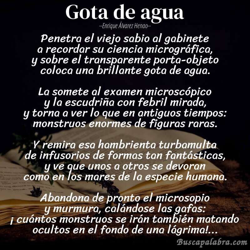 Poema Gota de agua de Enrique Álvarez Henao con fondo de libro
