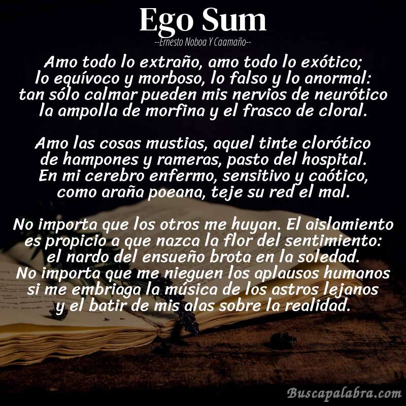 Poema Ego Sum de Ernesto Noboa y Caamaño con fondo de libro