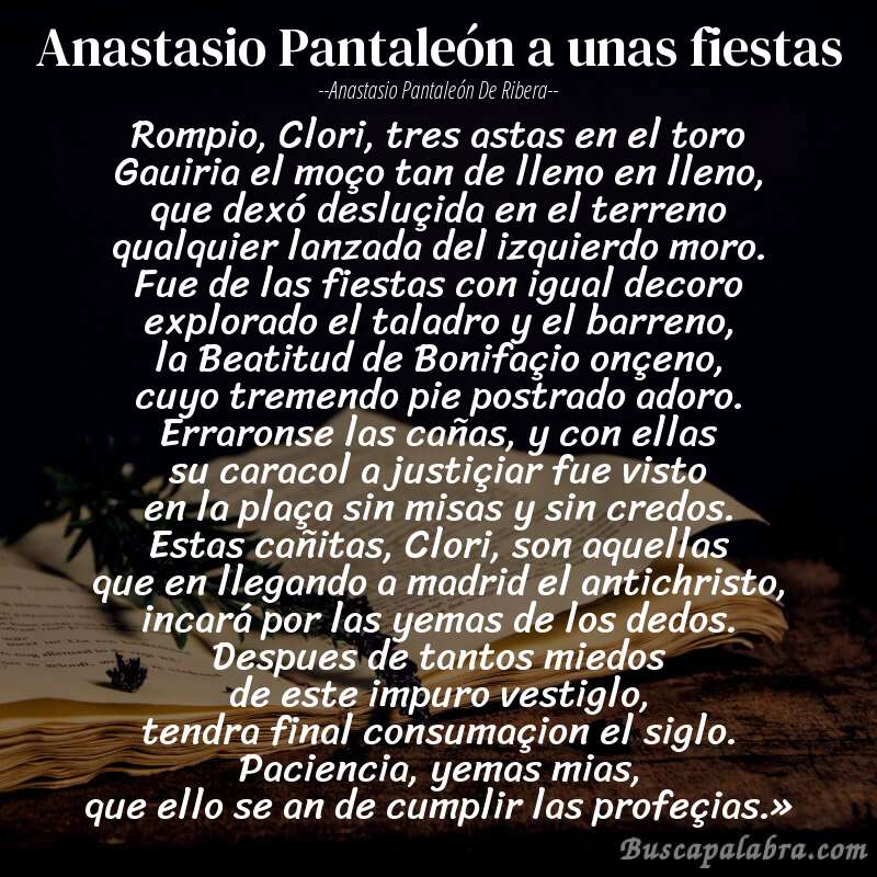 Poema Anastasio Pantaleón a unas fiestas de Anastasio Pantaleón de Ribera con fondo de libro