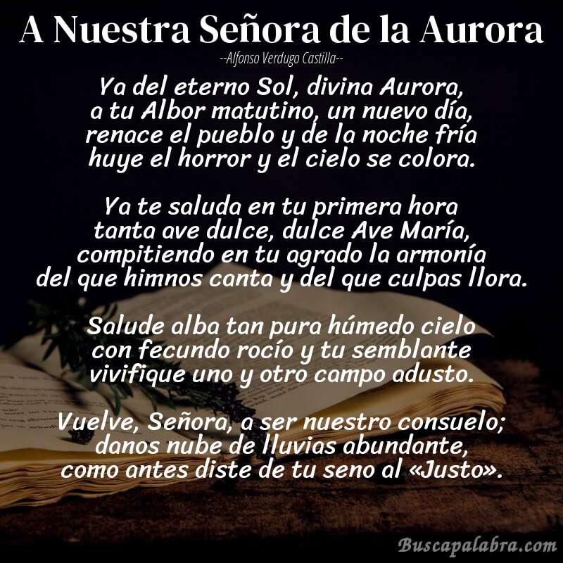 Poema A Nuestra Señora de la Aurora de Alfonso Verdugo Castilla con fondo de libro
