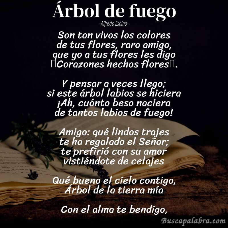 Poema Árbol de fuego de Alfredo Espino con fondo de libro