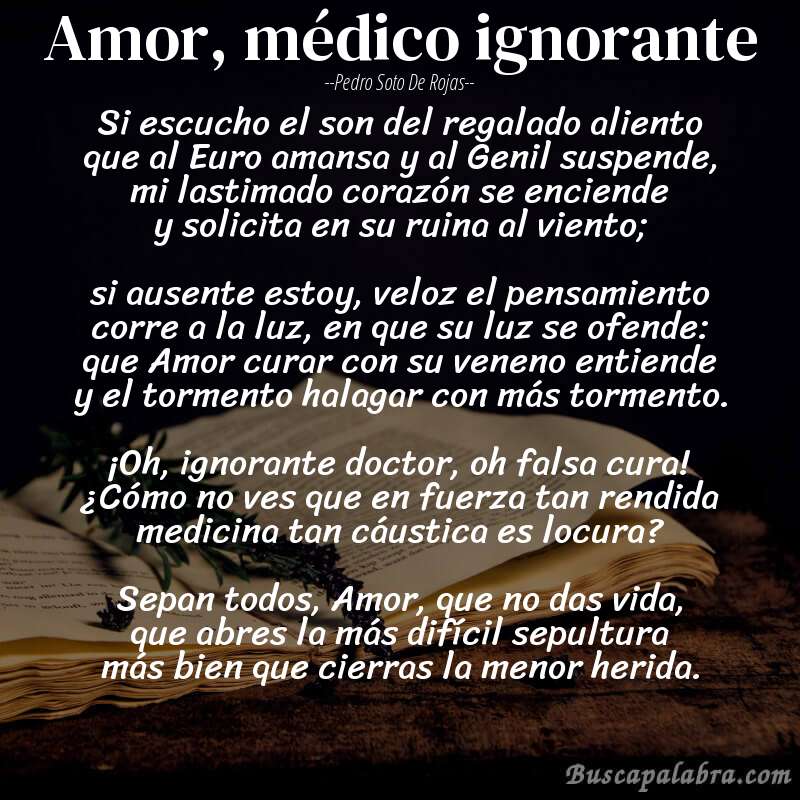 Poema Amor, médico ignorante de Pedro Soto de Rojas con fondo de libro