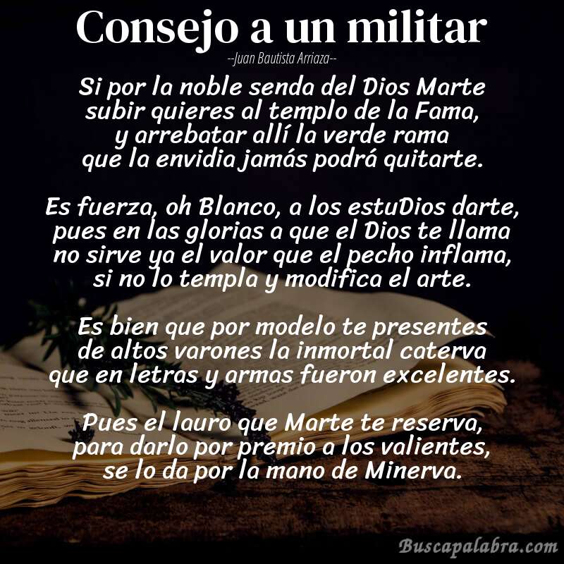 Poema Consejo a un militar de Juan Bautista Arriaza con fondo de libro