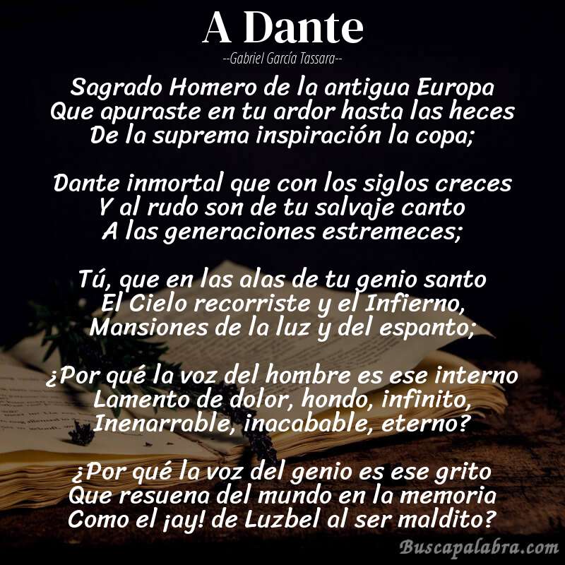 Poema A Dante de Gabriel García Tassara con fondo de libro