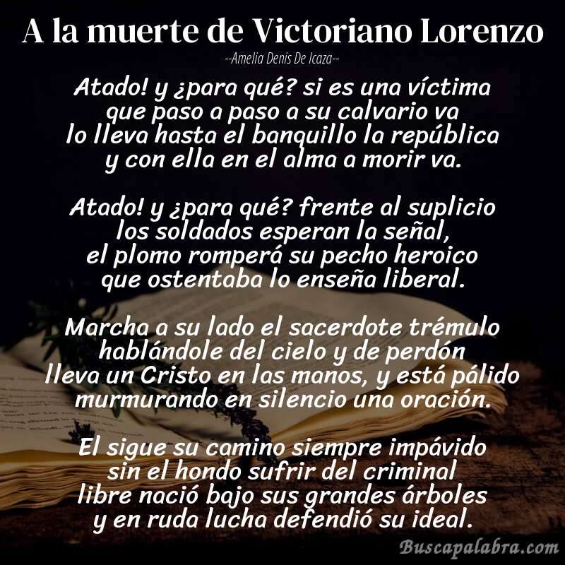 Poema A la muerte de Victoriano Lorenzo de Amelia Denis de Icaza con fondo de libro