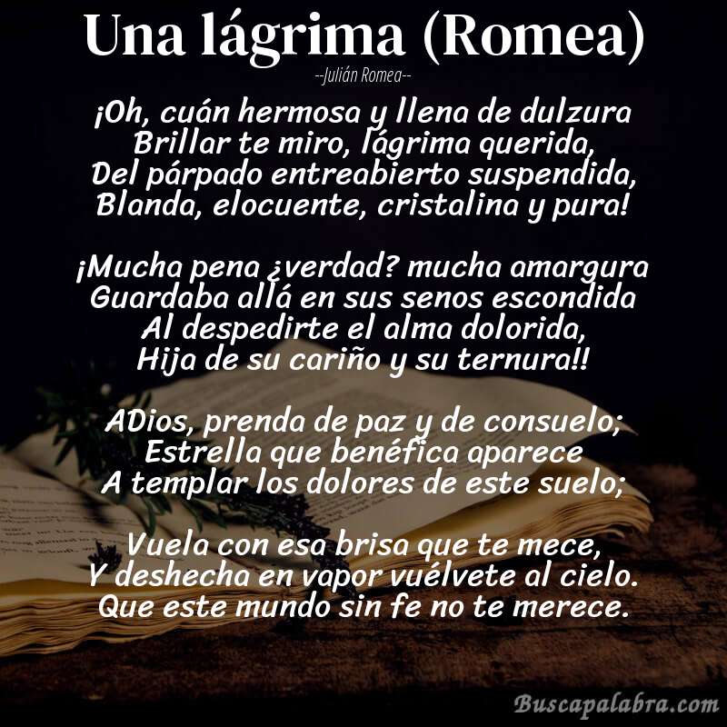 Poema Una lágrima (Romea) de Julián Romea con fondo de libro