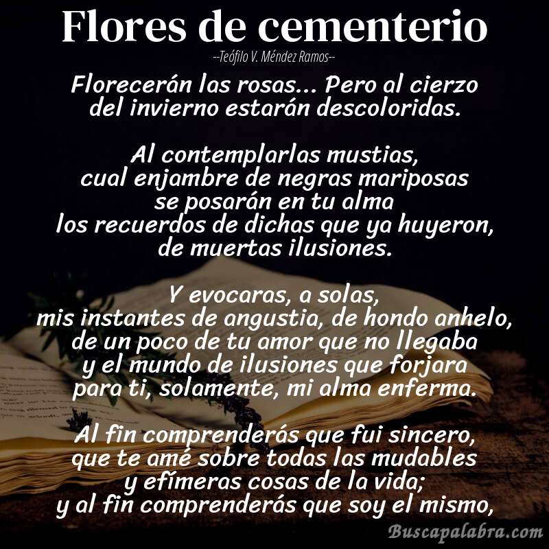 Poema Flores de cementerio de Teófilo V. Méndez Ramos con fondo de libro