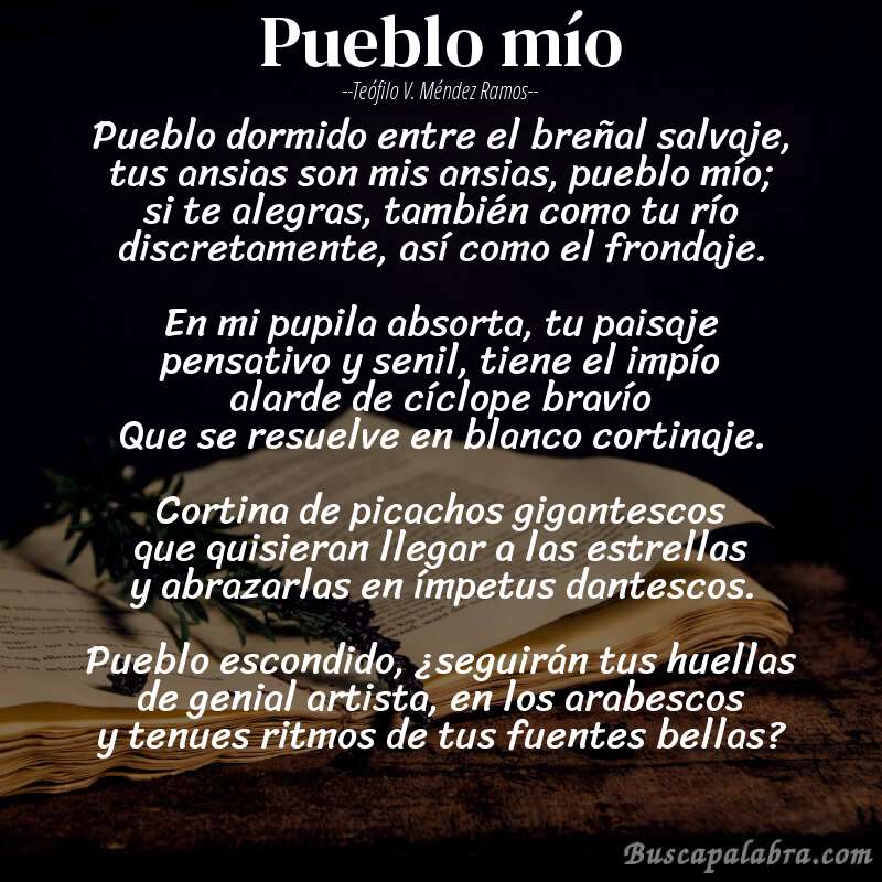 Poema Pueblo mío de Teófilo V. Méndez Ramos con fondo de libro