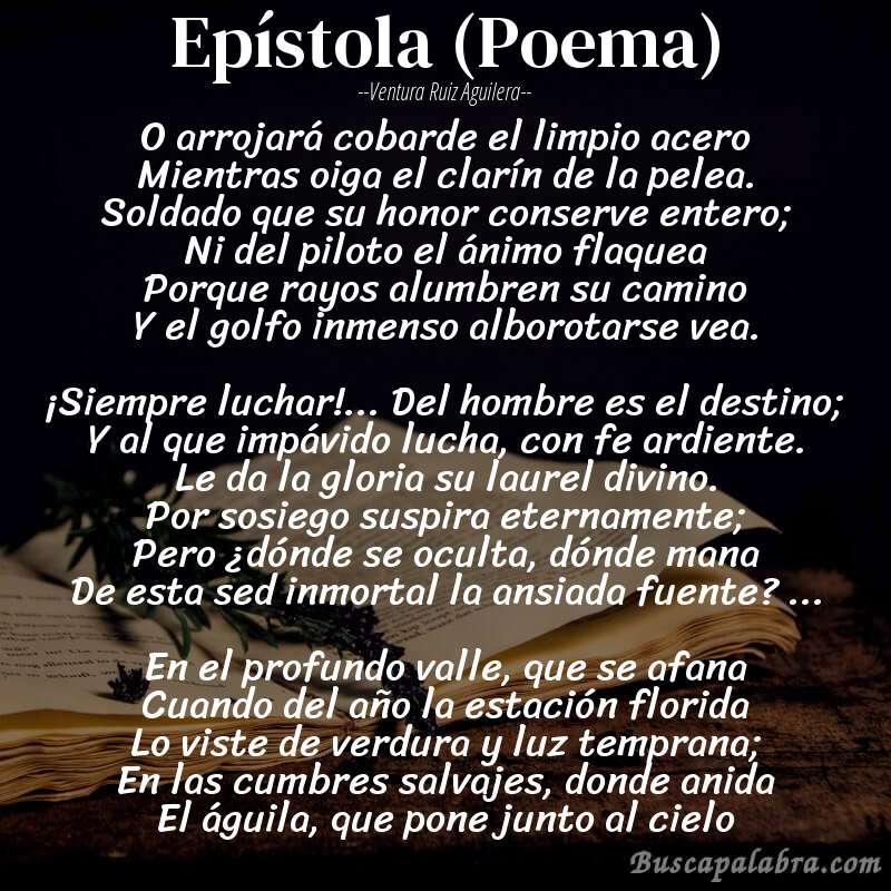 Poema Epístola (Poema) de Ventura Ruiz Aguilera con fondo de libro