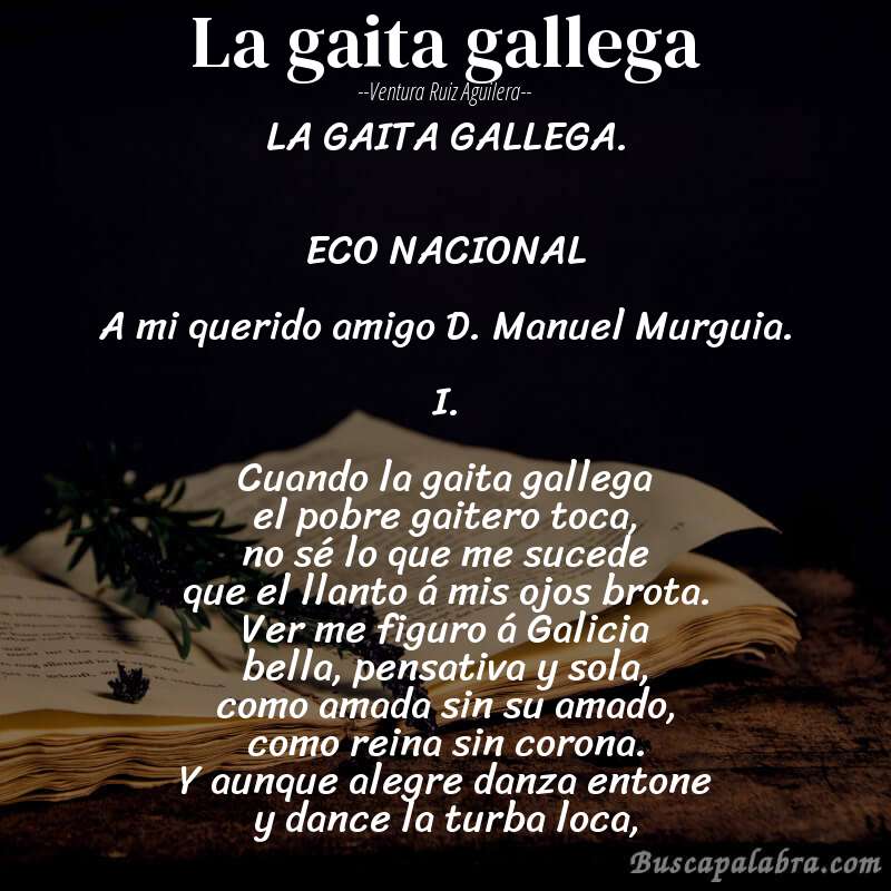 Poema La gaita gallega de Ventura Ruiz Aguilera con fondo de libro
