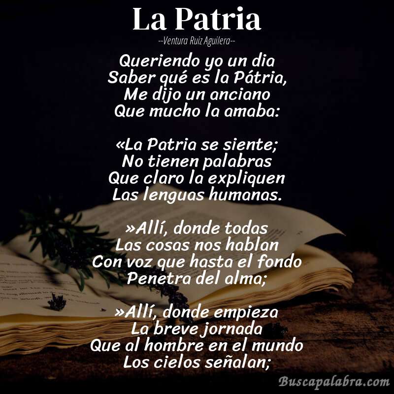 Poema La Patria de Ventura Ruiz Aguilera con fondo de libro