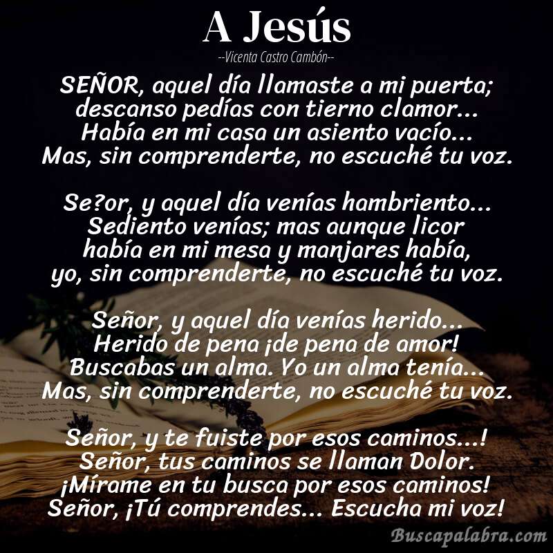 Poema A Jesús de Vicenta Castro Cambón con fondo de libro