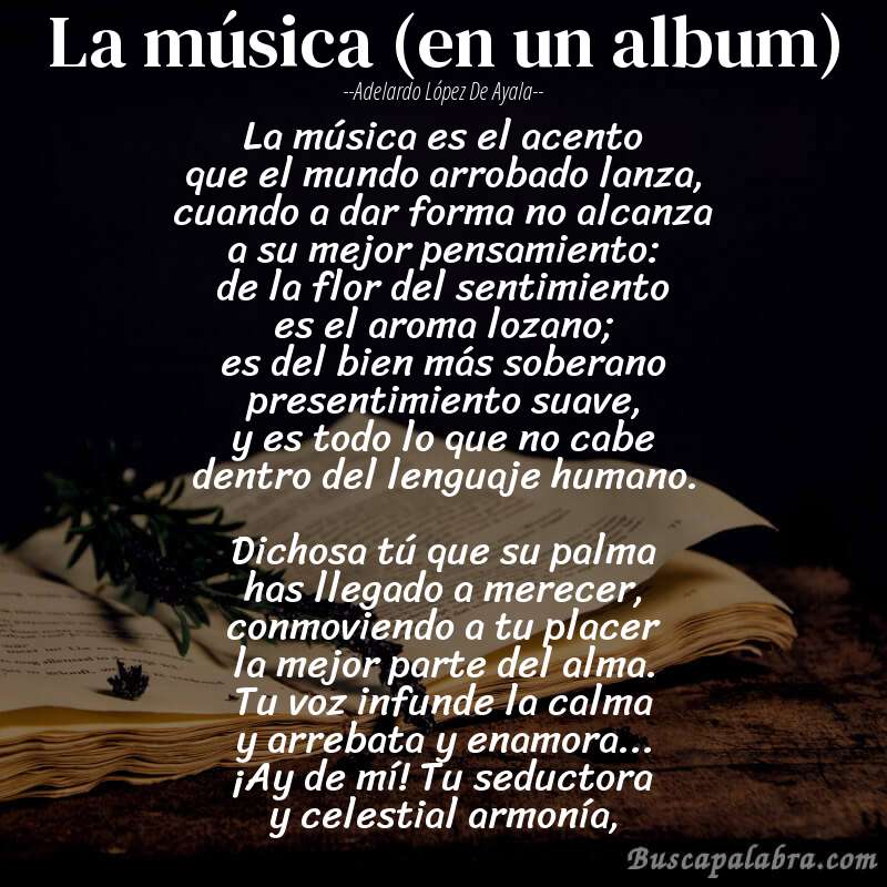 Poema La música (en un album) de Adelardo López de Ayala con fondo de libro