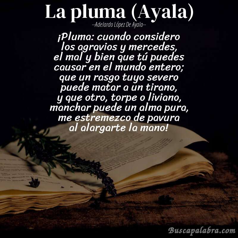 Poema La pluma (Ayala) de Adelardo López de Ayala con fondo de libro