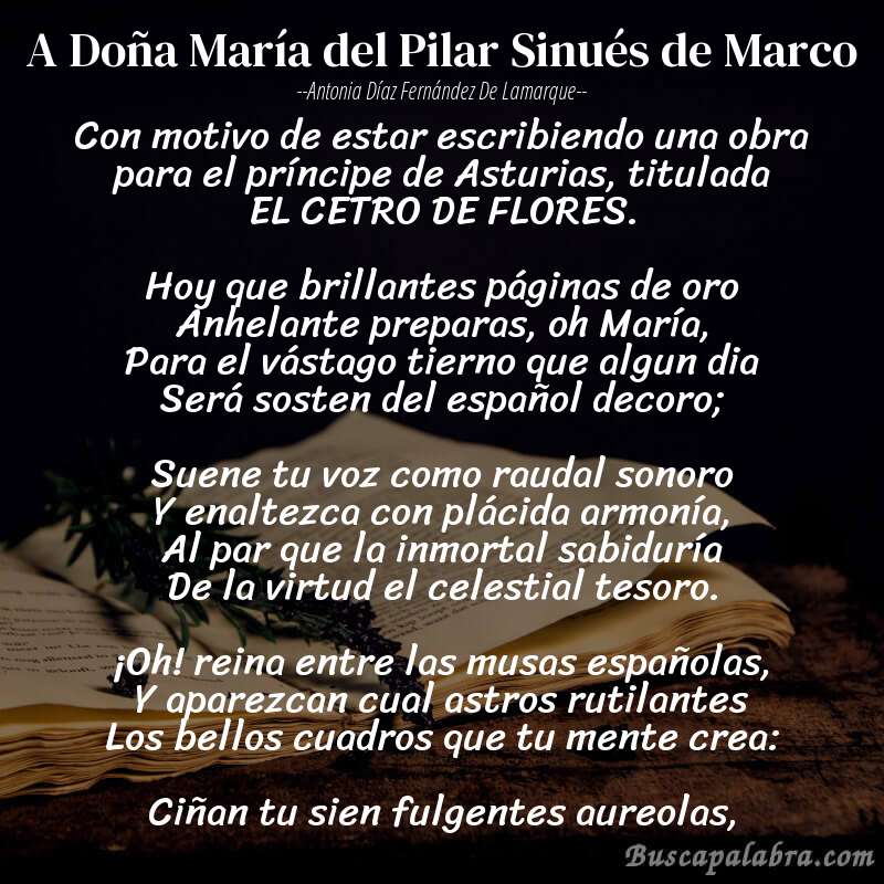 Poema A Doña María del Pilar Sinués de Marco de Antonia Díaz Fernández de Lamarque con fondo de libro