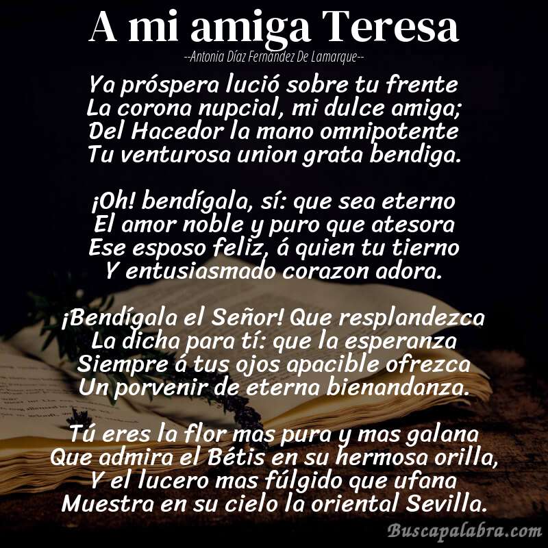Poema A mi amiga Teresa de Antonia Díaz Fernández de Lamarque con fondo de libro