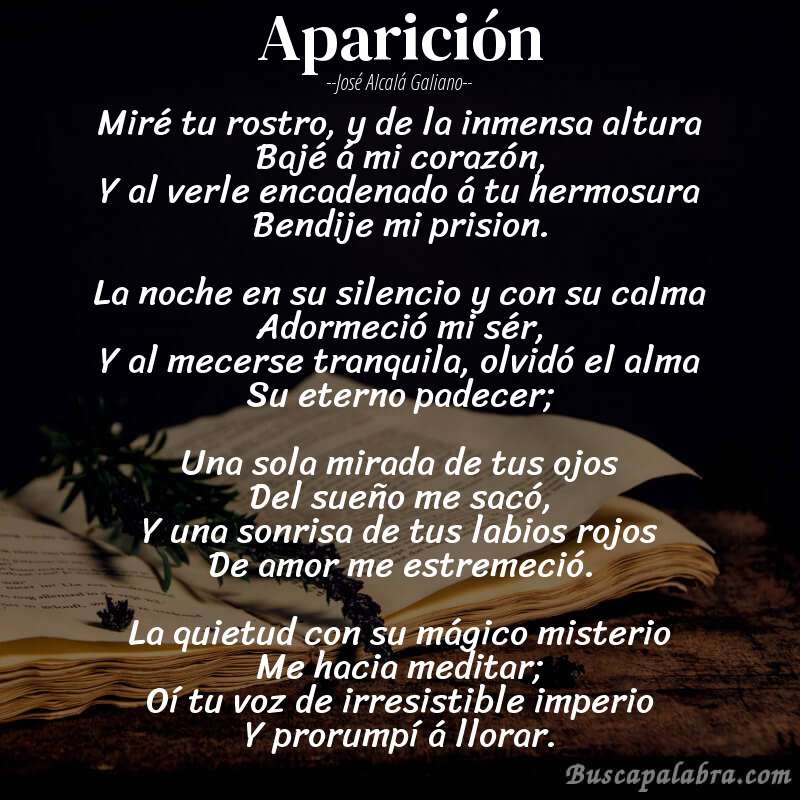 Poema Aparición de José Alcalá Galiano con fondo de libro