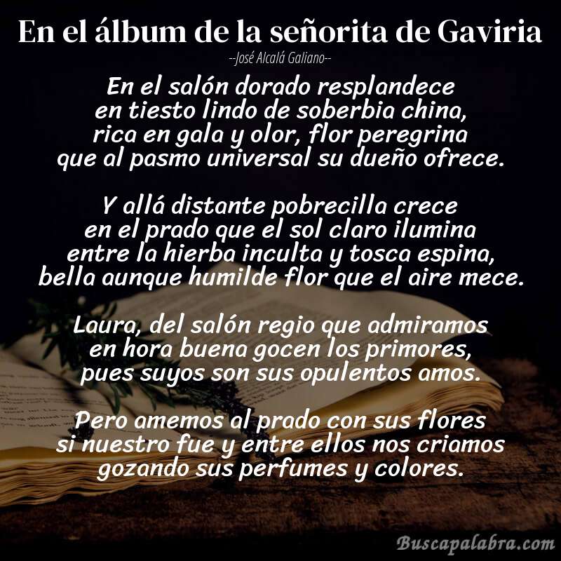Poema En el álbum de la señorita de Gaviria de José Alcalá Galiano con fondo de libro