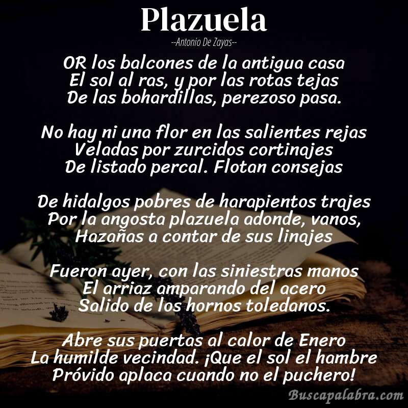 Poema Plazuela de Antonio de Zayas con fondo de libro