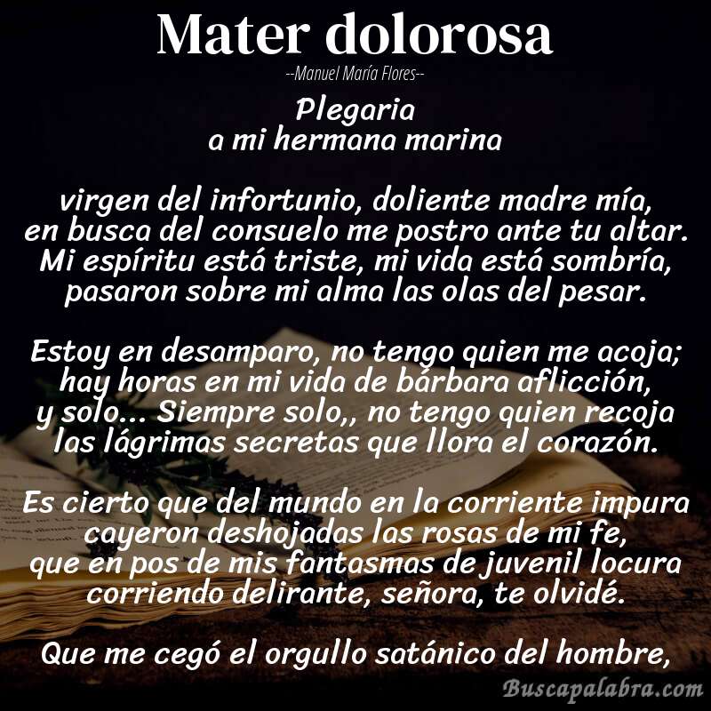 Poema mater dolorosa de Manuel María Flores con fondo de libro