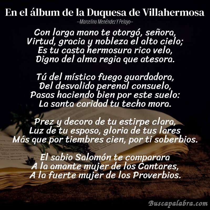 Poema En el álbum de la Duquesa de Villahermosa de Marcelino Menéndez y Pelayo con fondo de libro