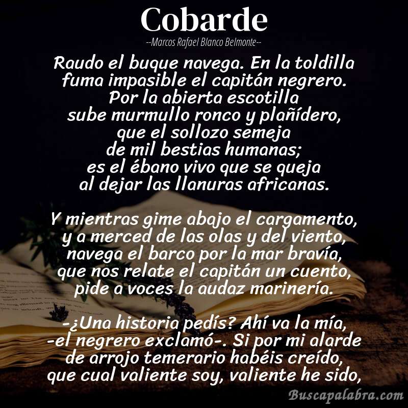 Poema Cobarde de Marcos Rafael Blanco Belmonte con fondo de libro