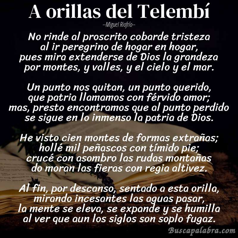 Poema A orillas del Telembí de Miguel Riofrío con fondo de libro