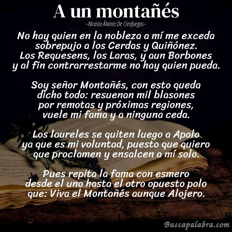 Poema A un montañés de Nicasio Álvarez de Cienfuegos con fondo de libro