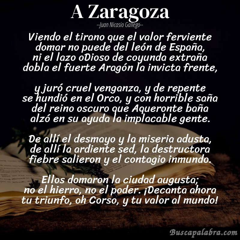 Poema A Zaragoza de Juan Nicasio Gallego con fondo de libro