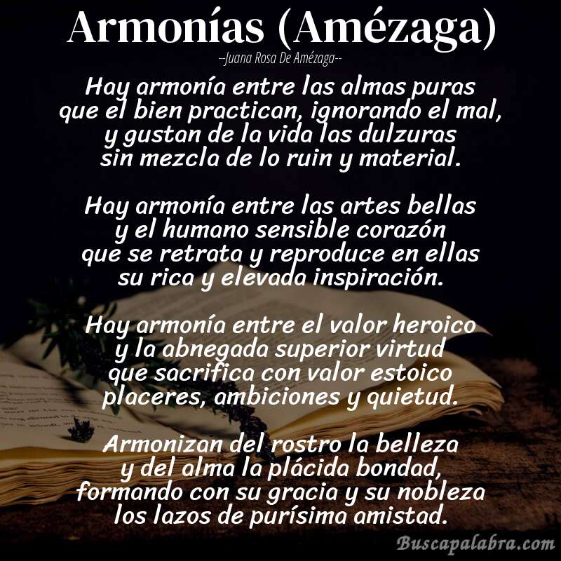Poema Armonías (Amézaga) de Juana Rosa de Amézaga con fondo de libro