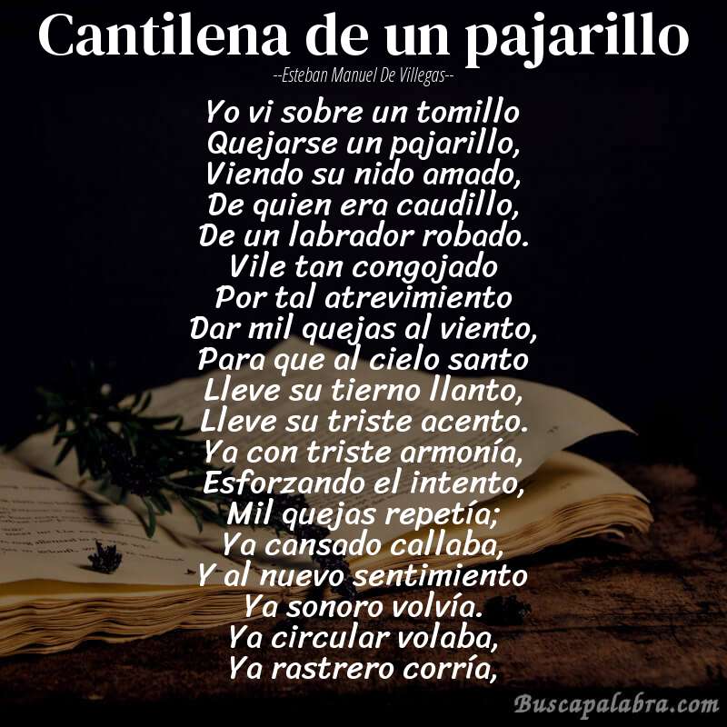 Poema Cantilena de un pajarillo de Esteban Manuel de Villegas con fondo de libro