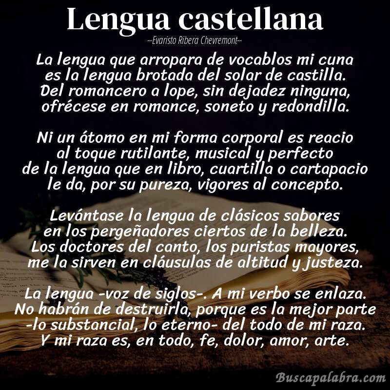 Poema lengua castellana de Evaristo Ribera Chevremont con fondo de libro