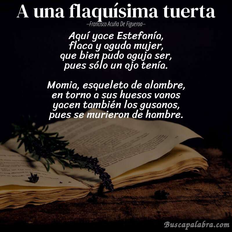 Poema A una flaquísima tuerta de Francisco Acuña de Figueroa con fondo de libro