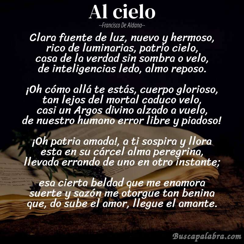 Poema Al cielo de Francisco de Aldana con fondo de libro