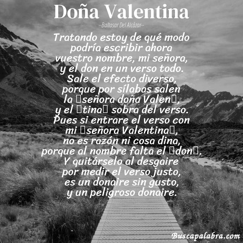Poema Doña Valentina de Baltasar del Alcázar con fondo de paisaje
