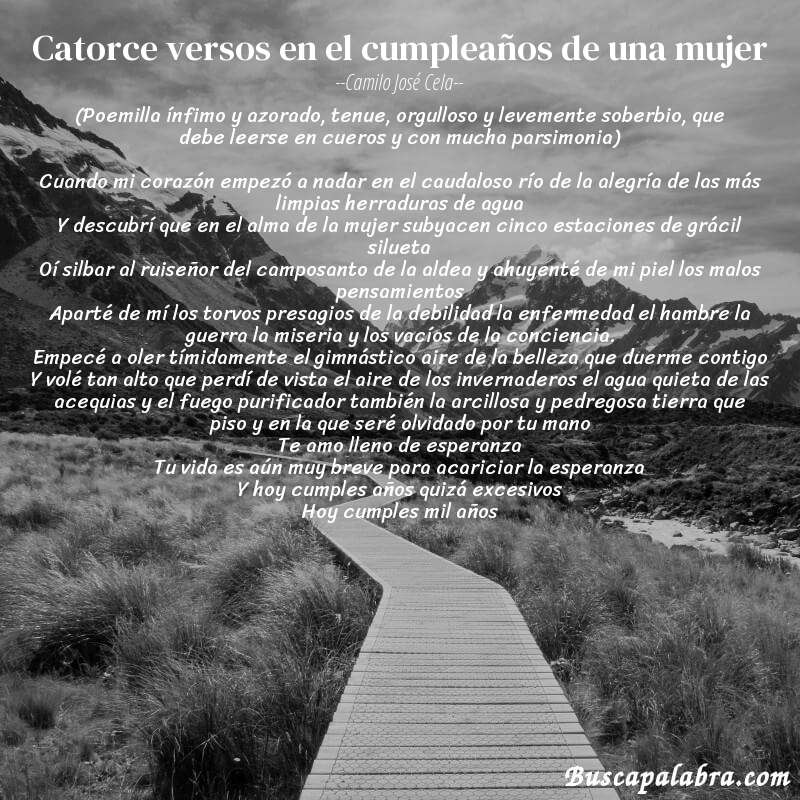 Poema Catorce versos en el cumpleaños de una mujer de Camilo José Cela con fondo de paisaje