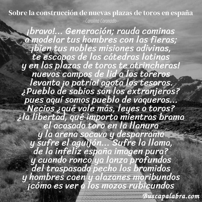 Poema sobre la construcción de nuevas plazas de toros en españa de Carolina Coronado con fondo de paisaje