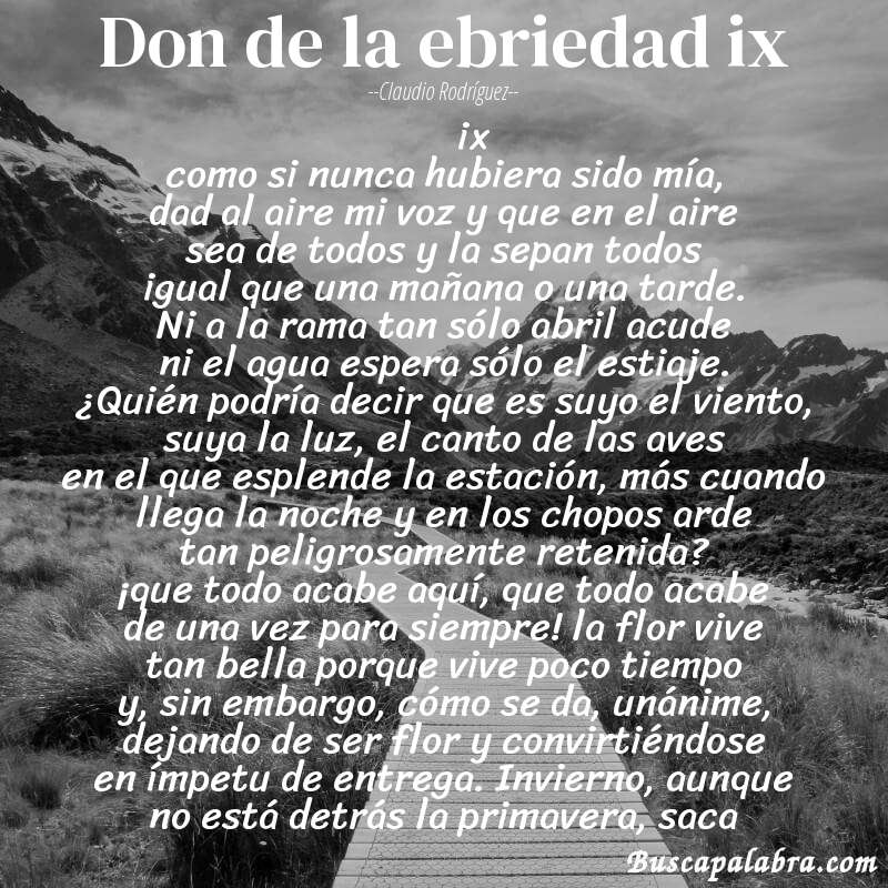 Poema don de la ebriedad ix de Claudio Rodríguez con fondo de paisaje