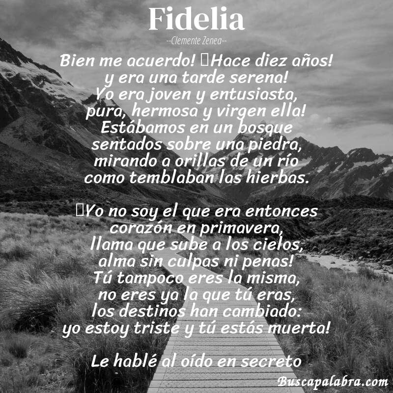 Poema Fidelia de Clemente Zenea con fondo de paisaje