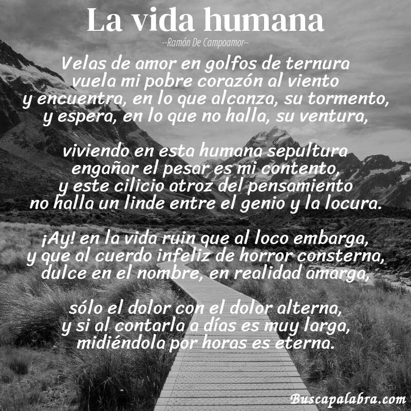 Poema La vida humana de Ramón de Campoamor con fondo de paisaje