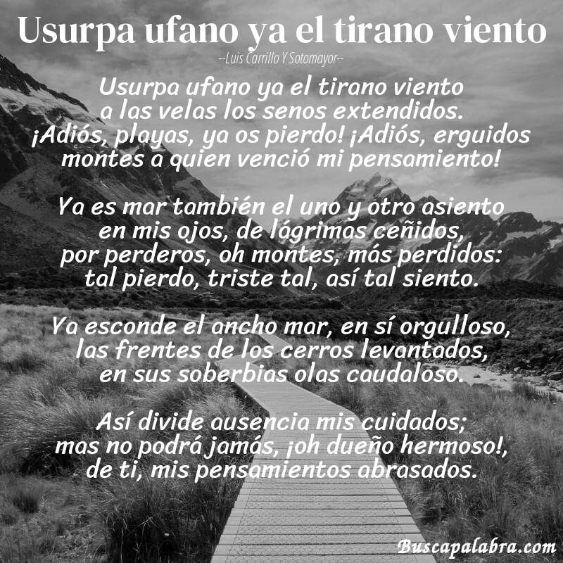 Poema Usurpa ufano ya el tirano viento de Luis Carrillo y Sotomayor con fondo de paisaje