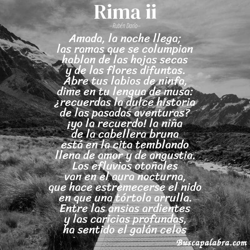 Poema rima ii de Rubén Darío con fondo de paisaje